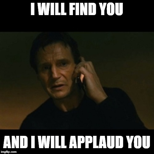 Liam Neeson Taken Meme | I WILL FIND YOU AND I WILL APPLAUD YOU | image tagged in memes,liam neeson taken | made w/ Imgflip meme maker