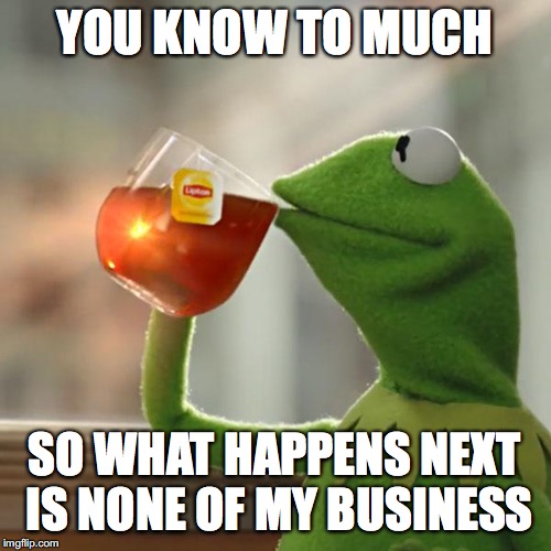 But That's None Of My Business Meme | YOU KNOW TO MUCH SO WHAT HAPPENS NEXT IS NONE OF MY BUSINESS | image tagged in memes,but thats none of my business,kermit the frog | made w/ Imgflip meme maker