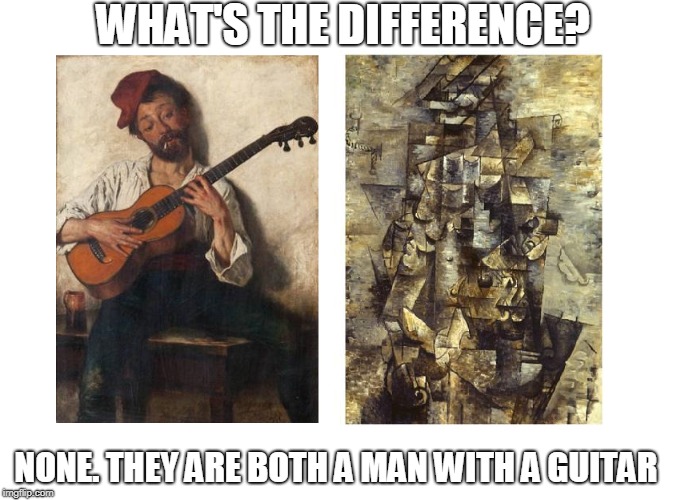 Only art connoisseurs will understand | WHAT'S THE DIFFERENCE? NONE. THEY ARE BOTH A MAN WITH A GUITAR | image tagged in art,spot the difference | made w/ Imgflip meme maker