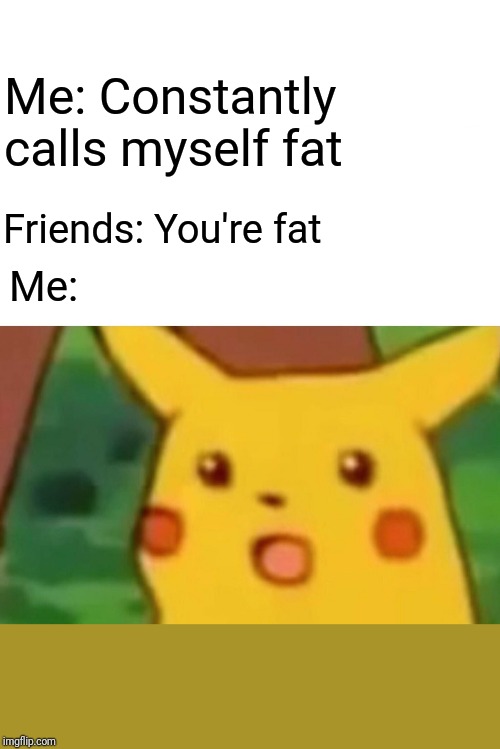 Surprised Pikachu Meme | Me: Constantly calls myself fat; Friends: You're fat; Me: | image tagged in memes,surprised pikachu | made w/ Imgflip meme maker