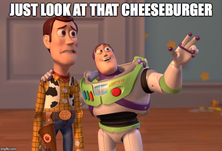 X, X Everywhere Meme | JUST LOOK AT THAT CHEESEBURGER | image tagged in memes,x x everywhere | made w/ Imgflip meme maker