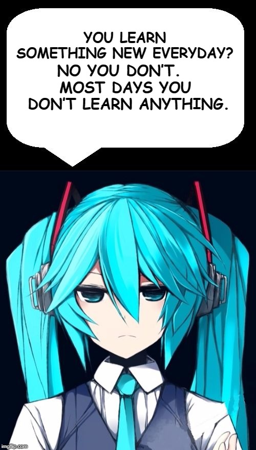You learn something new every day! | YOU LEARN SOMETHING NEW EVERYDAY? NO YOU DON’T. MOST DAYS YOU DON’T LEARN ANYTHING. | image tagged in hatsune miku,anime,sarcasm,funny,learn | made w/ Imgflip meme maker