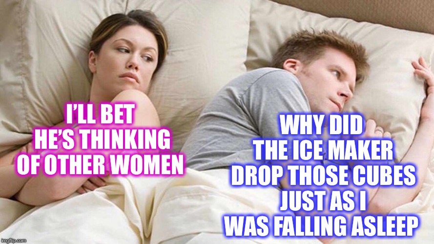 And it scared the crap out of me  | WHY DID THE ICE MAKER DROP THOSE CUBES JUST AS I WAS FALLING ASLEEP; I’LL BET HE’S THINKING OF OTHER WOMEN | image tagged in i bet he's thinking about other women,scared awake | made w/ Imgflip meme maker