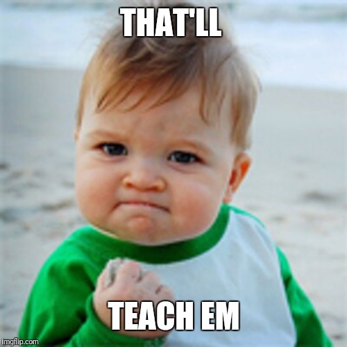 Fist Pump baby | THAT'LL TEACH EM | image tagged in fist pump baby | made w/ Imgflip meme maker