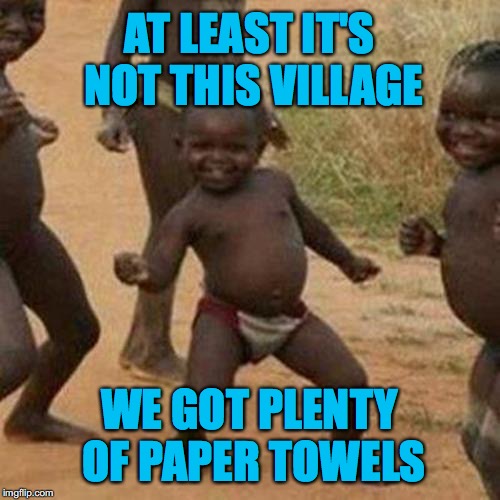 Third World Success Kid Meme | AT LEAST IT'S NOT THIS VILLAGE WE GOT PLENTY OF PAPER TOWELS | image tagged in memes,third world success kid | made w/ Imgflip meme maker