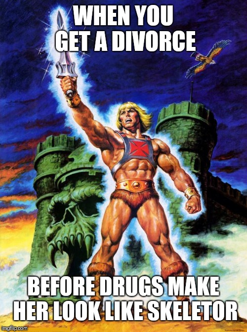 He-Man | WHEN YOU GET A DIVORCE; BEFORE DRUGS MAKE HER LOOK LIKE SKELETOR | image tagged in he-man | made w/ Imgflip meme maker