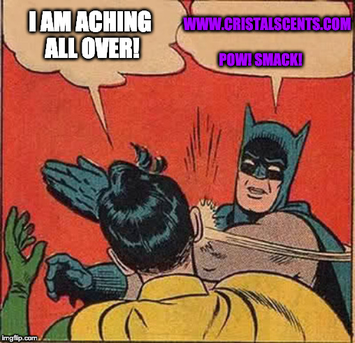 Batman Slapping Robin Meme | WWW.CRISTALSCENTS.COM  POW! SMACK! I AM ACHING ALL OVER! | image tagged in memes,batman slapping robin | made w/ Imgflip meme maker