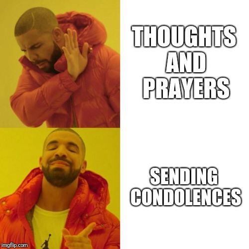 Drake Blank | THOUGHTS AND PRAYERS; SENDING CONDOLENCES | image tagged in drake blank | made w/ Imgflip meme maker