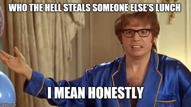 Austin Powers Honestly Meme | WHO THE HELL STEALS SOMEONE ELSE'S LUNCH I MEAN HONESTLY | image tagged in memes,austin powers honestly | made w/ Imgflip meme maker