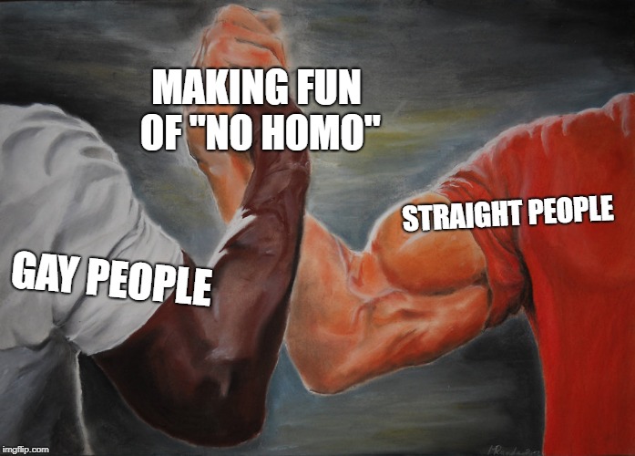 Epic Handshake | MAKING FUN OF
"NO HOMO"; STRAIGHT PEOPLE; GAY PEOPLE | image tagged in epic handshake,AdviceAnimals | made w/ Imgflip meme maker