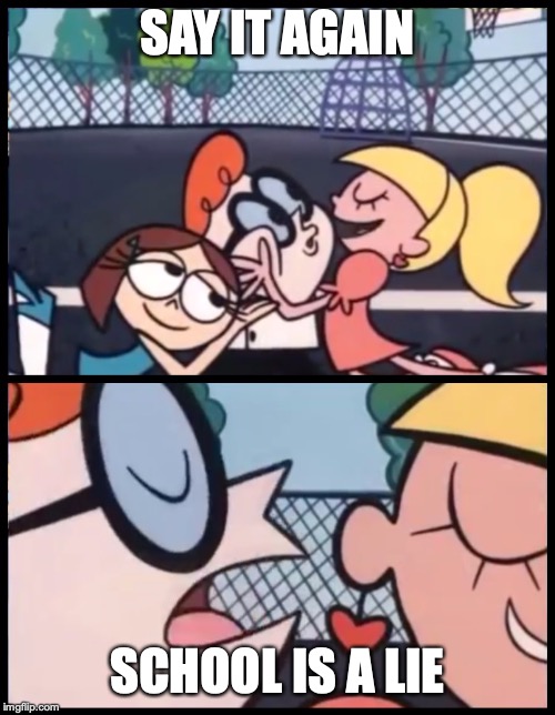 Say it Again, Dexter | SAY IT AGAIN; SCHOOL IS A LIE | image tagged in memes,say it again dexter | made w/ Imgflip meme maker