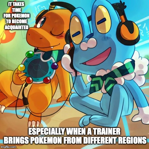 Charmander and Froakie | IT TAKES TIME FOR POKEMON TO BECOME ACQUAINTED; ESPECIALLY WHEN A TRAINER BRINGS POKEMON FROM DIFFERENT REGIONS | image tagged in charmander,froakie,pokemon,memes | made w/ Imgflip meme maker