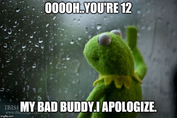 kermit window | OOOOH..YOU'RE 12 MY BAD BUDDY.I APOLOGIZE. | image tagged in kermit window | made w/ Imgflip meme maker