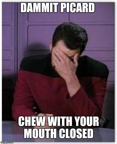 riker facepalm | DAMMIT PICARD CHEW WITH YOUR MOUTH CLOSED | image tagged in riker facepalm | made w/ Imgflip meme maker