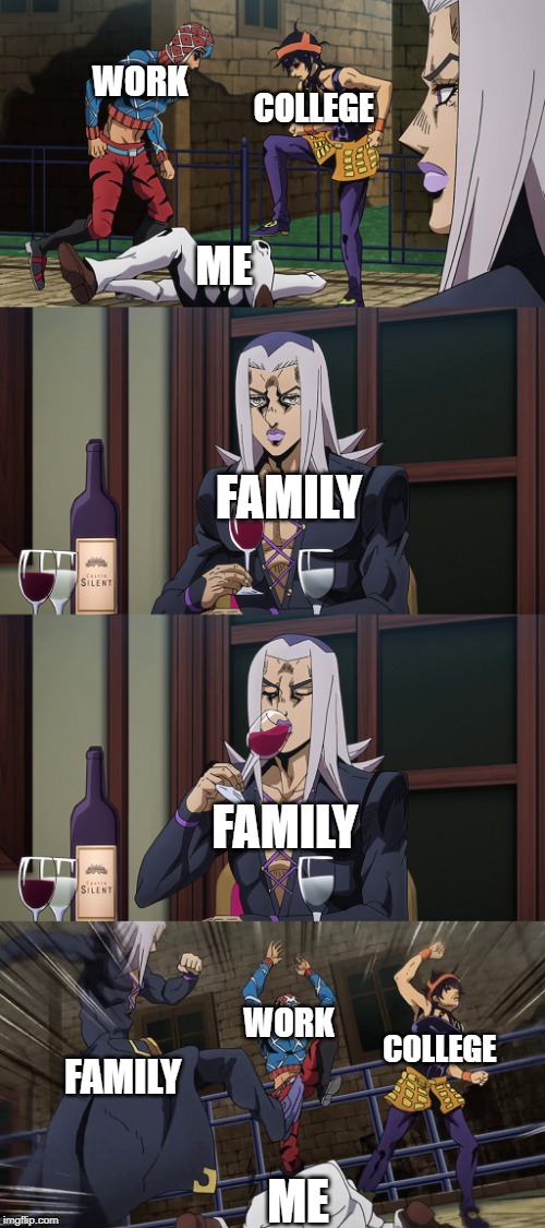 Abbacchio joins in the fun | WORK; COLLEGE; ME; FAMILY; FAMILY; WORK; COLLEGE; FAMILY; ME | image tagged in abbacchio joins in the fun | made w/ Imgflip meme maker