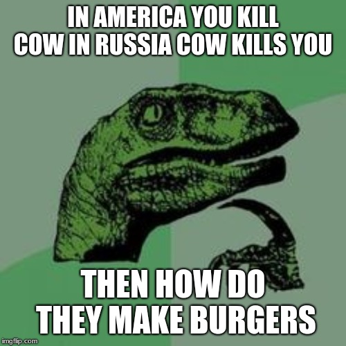 Time raptor  | IN AMERICA YOU KILL COW IN RUSSIA COW KILLS YOU; THEN HOW DO THEY MAKE BURGERS | image tagged in time raptor | made w/ Imgflip meme maker