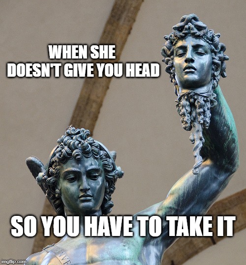WHEN SHE DOESN'T GIVE YOU HEAD; SO YOU HAVE TO TAKE IT | image tagged in head,eminem funny,statues,sexual harassment,sexism,too much funny | made w/ Imgflip meme maker