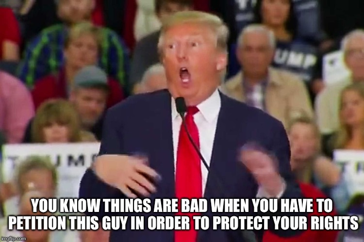 Things Are Bad | YOU KNOW THINGS ARE BAD WHEN YOU HAVE TO PETITION THIS GUY IN ORDER TO PROTECT YOUR RIGHTS | image tagged in trump,disability,making fun of,petition,protect,rights | made w/ Imgflip meme maker