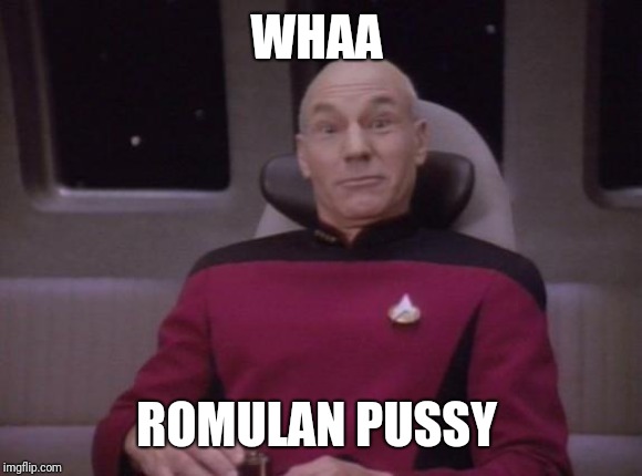 picard surprised | WHAA ROMULAN PUSSY | image tagged in picard surprised | made w/ Imgflip meme maker