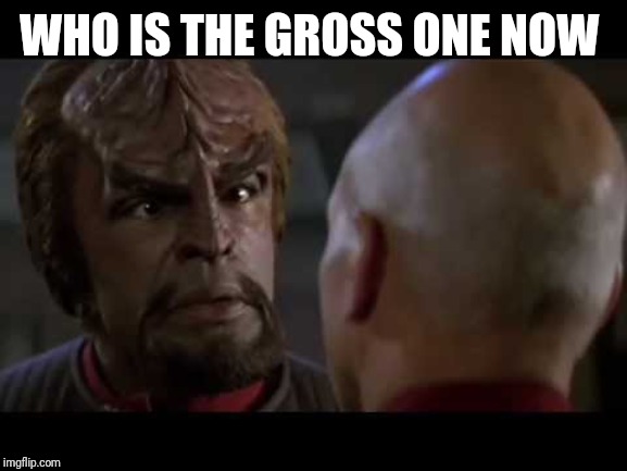 Lt. Worf | WHO IS THE GROSS ONE NOW | image tagged in lt worf | made w/ Imgflip meme maker
