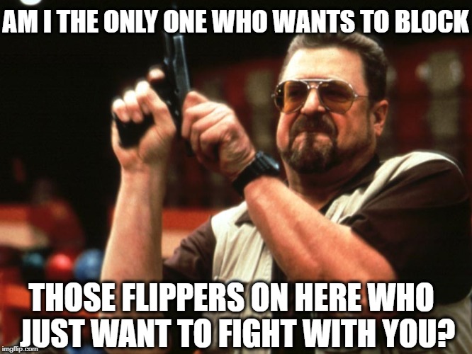 I'm Suggesting Adding a Way to Block Memers who Hate You | AM I THE ONLY ONE WHO WANTS TO BLOCK; THOSE FLIPPERS ON HERE WHO  JUST WANT TO FIGHT WITH YOU? | image tagged in vince vance,john goodman,gun,big lebowski,blocking memers,memers who like to fight | made w/ Imgflip meme maker
