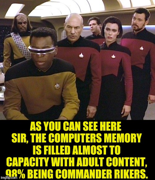 Computer Virus | AS YOU CAN SEE HERE SIR, THE COMPUTERS MEMORY IS FILLED ALMOST TO CAPACITY WITH ADULT CONTENT, 98% BEING COMMANDER RIKERS. | image tagged in star trek tng,captain picard,star trek the next generation,riker,computer virus | made w/ Imgflip meme maker