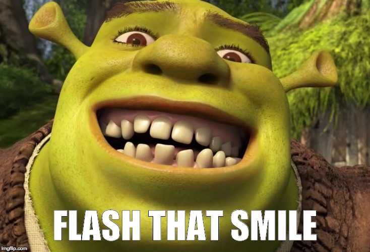 Shrek Smile!  | FLASH THAT SMILE | image tagged in shrek,smile,teeth,white,dental,smiling | made w/ Imgflip meme maker