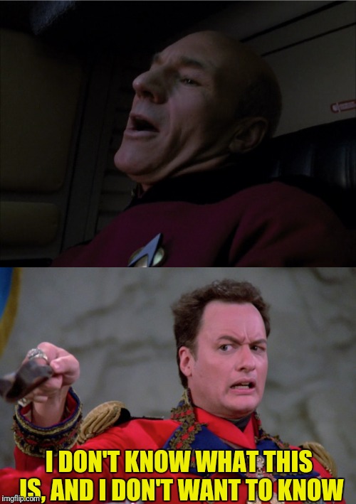 Picard At Play | I DON'T KNOW WHAT THIS IS, AND I DON'T WANT TO KNOW | image tagged in star trek the next generation,picard frustrated,excited picard,happy picard,star trek q | made w/ Imgflip meme maker