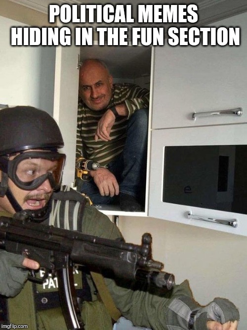 Man hiding in cubboard from SWAT template | POLITICAL MEMES HIDING IN THE FUN SECTION | image tagged in man hiding in cubboard from swat template | made w/ Imgflip meme maker