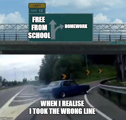 Left Exit 12 Off Ramp Meme | HOMEWORK; FREE FROM SCHOOL; WHEN I REALISE I TOOK THE WRONG LINE | image tagged in memes,left exit 12 off ramp | made w/ Imgflip meme maker