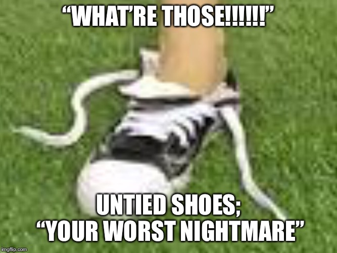 Oh no I trip | “WHAT’RE THOSE!!!!!!”; UNTIED SHOES; “YOUR WORST NIGHTMARE” | image tagged in shoes,what are those | made w/ Imgflip meme maker