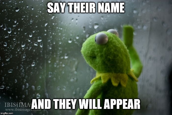 kermit window | SAY THEIR NAME AND THEY WILL APPEAR | image tagged in kermit window | made w/ Imgflip meme maker