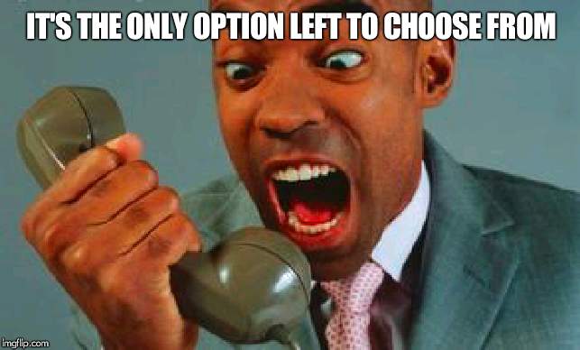 black guy yelling on phone | IT'S THE ONLY OPTION LEFT TO CHOOSE FROM | image tagged in black guy yelling on phone,original content only | made w/ Imgflip meme maker