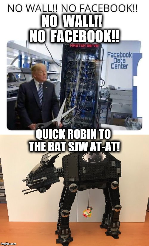 The Great FaceBook Crash of 2019! | NO  WALL!!  NO  FACEBOOK!! QUICK ROBIN TO THE BAT SJW AT-AT! | image tagged in trump,batman,robin,dc,dc comics,social justice warriors | made w/ Imgflip meme maker