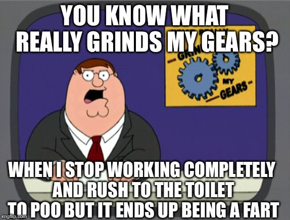 Peter Griffin News Meme | YOU KNOW WHAT REALLY GRINDS MY GEARS? WHEN I STOP WORKING COMPLETELY AND RUSH TO THE TOILET TO POO BUT IT ENDS UP BEING A FART | image tagged in memes,peter griffin news | made w/ Imgflip meme maker