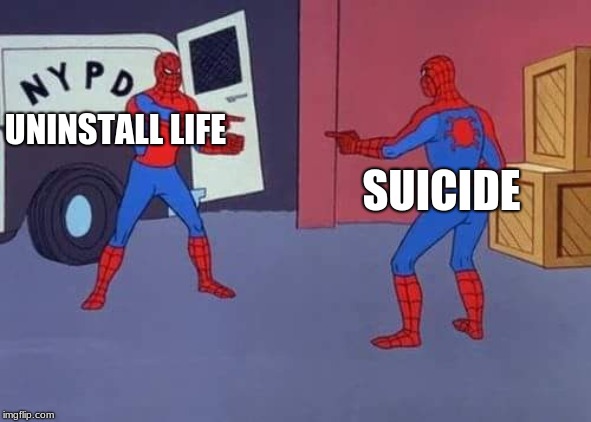 Spiderman mirror | UNINSTALL LIFE; SUICIDE | image tagged in spiderman mirror | made w/ Imgflip meme maker