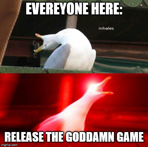 Inhaling Seagull  | EVEREYONE HERE:; RELEASE THE GODDAMN GAME | image tagged in inhaling seagull | made w/ Imgflip meme maker
