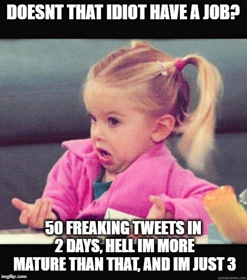 Dafuq Girl | DOESNT THAT IDIOT HAVE A JOB? 50 FREAKING TWEETS IN 2 DAYS, HELL IM MORE MATURE THAN THAT, AND IM JUST 3 | image tagged in dafuq girl | made w/ Imgflip meme maker