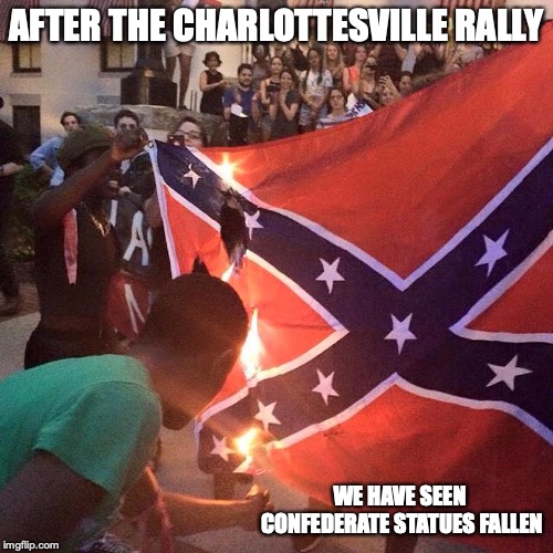 Confederate Flag Burning | AFTER THE CHARLOTTESVILLE RALLY; WE HAVE SEEN CONFEDERATE STATUES FALLEN | image tagged in confederate flag,memes | made w/ Imgflip meme maker