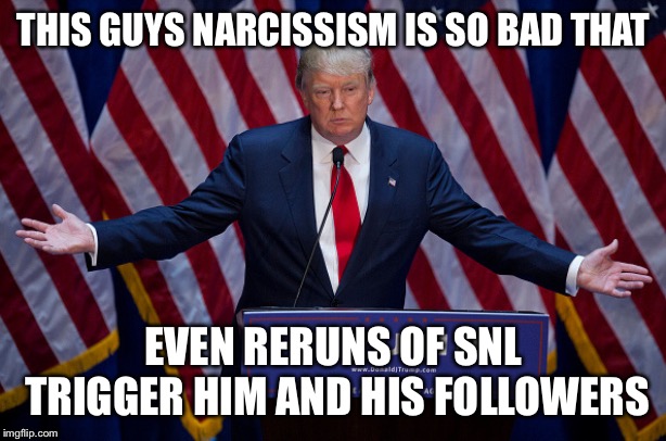 Donald Trump | THIS GUYS NARCISSISM IS SO BAD THAT; EVEN RERUNS OF SNL TRIGGER HIM AND HIS FOLLOWERS | image tagged in donald trump | made w/ Imgflip meme maker