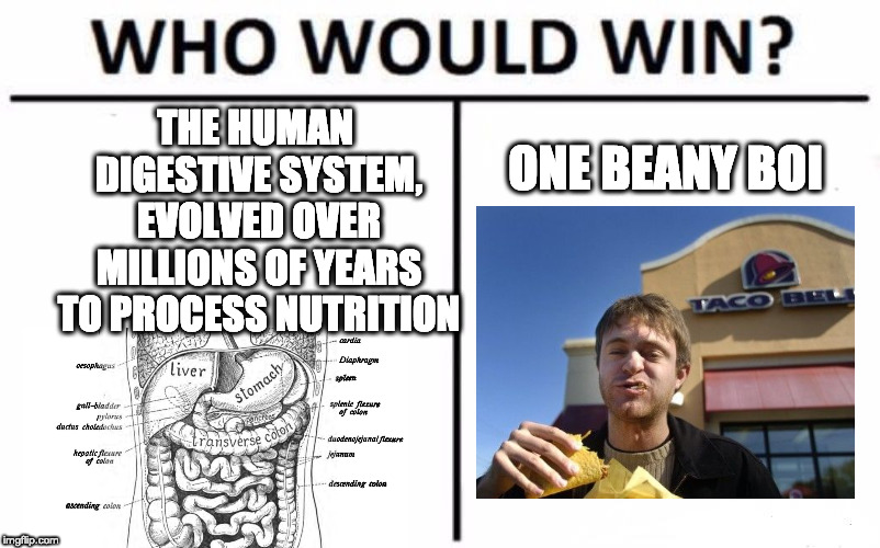 Who Would Win? Meme | THE HUMAN DIGESTIVE SYSTEM, EVOLVED OVER MILLIONS OF YEARS TO PROCESS NUTRITION ONE BEANY BOI | image tagged in memes,who would win | made w/ Imgflip meme maker