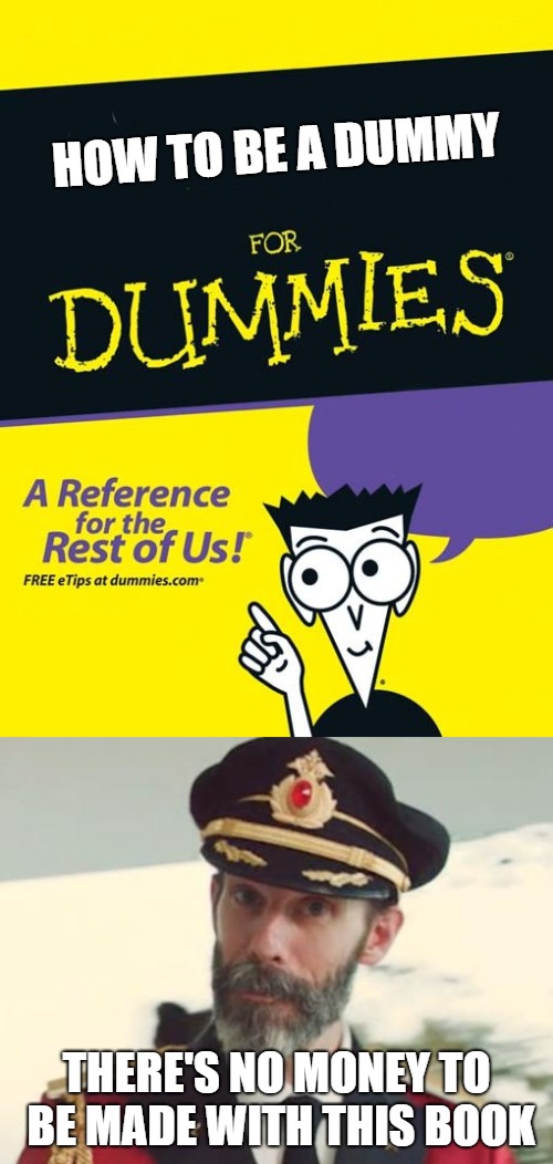 HOW TO BE A DUMMY; THERE'S NO MONEY TO BE MADE WITH THIS BOOK | image tagged in captain obvious,for dummies book | made w/ Imgflip meme maker