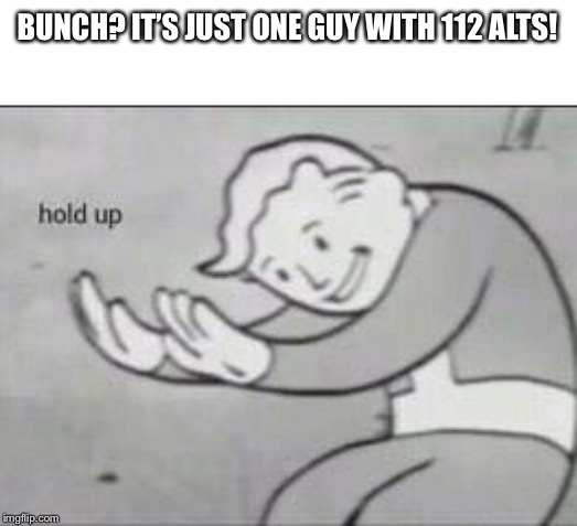 Fallout Hold Up | BUNCH? IT’S JUST ONE GUY WITH 112 ALTS! | image tagged in fallout hold up | made w/ Imgflip meme maker