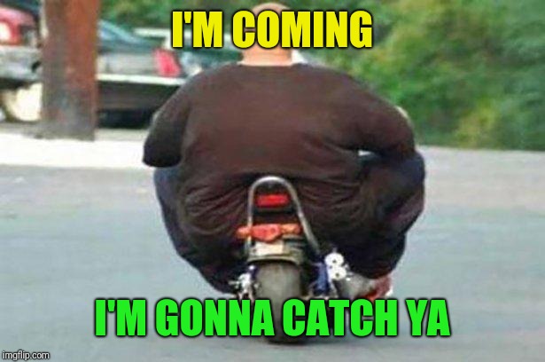 Fat guy on a little bike  | I'M COMING I'M GONNA CATCH YA | image tagged in fat guy on a little bike | made w/ Imgflip meme maker