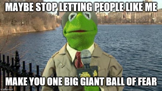 Kermit News Report | MAYBE STOP LETTING PEOPLE LIKE ME MAKE YOU ONE BIG GIANT BALL OF FEAR | image tagged in kermit news report | made w/ Imgflip meme maker