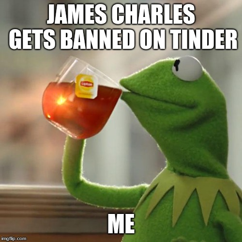 But That's None Of My Business Meme | JAMES CHARLES GETS BANNED ON TINDER; ME | image tagged in memes,but thats none of my business,kermit the frog | made w/ Imgflip meme maker