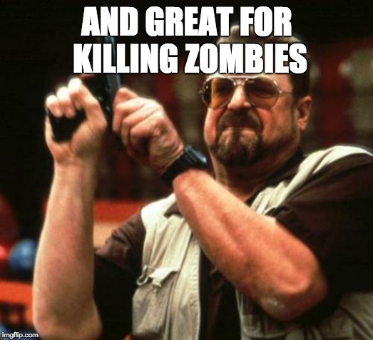 gun | AND GREAT FOR KILLING ZOMBIES | image tagged in gun | made w/ Imgflip meme maker