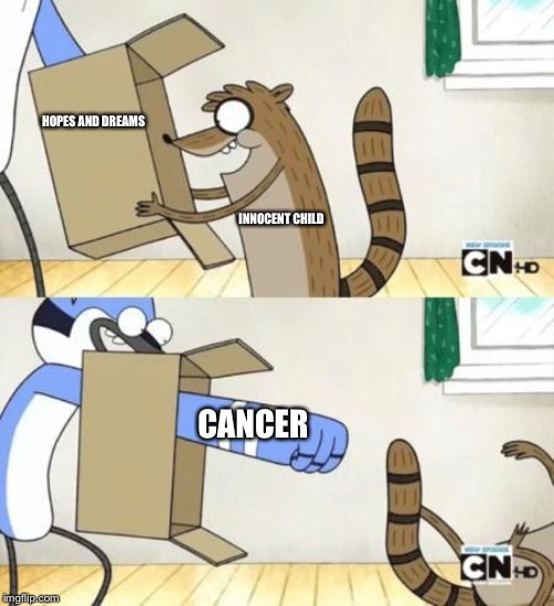 Mordecai Punches Rigby Through a Box | HOPES AND DREAMS; INNOCENT CHILD; CANCER | image tagged in mordecai punches rigby through a box | made w/ Imgflip meme maker