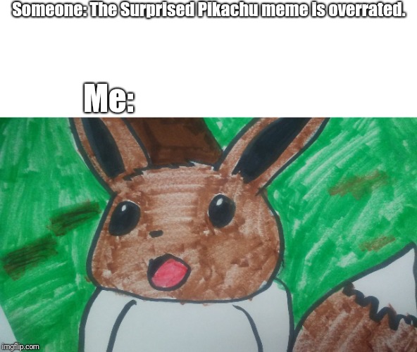 Surprised Eevee | Someone: The Surprised Pikachu meme is overrated. Me: | image tagged in eevee,pokemon,surprised pikachu | made w/ Imgflip meme maker