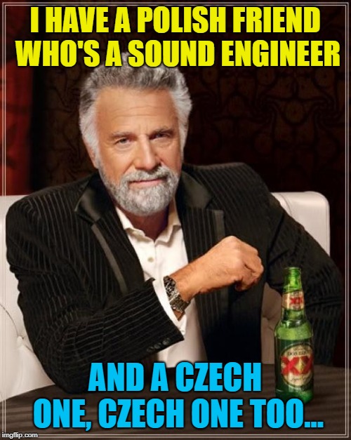 The Most Interesting Man In The World Meme | I HAVE A POLISH FRIEND WHO'S A SOUND ENGINEER AND A CZECH ONE, CZECH ONE TOO... | image tagged in memes,the most interesting man in the world | made w/ Imgflip meme maker